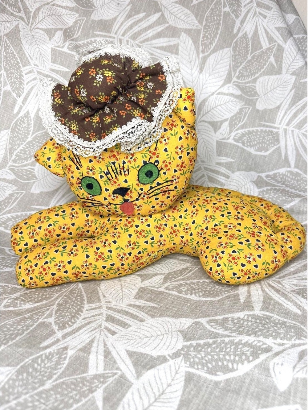 Handmade 1970’s Stuffed Cat Doll Ditsy With Floral Bonnet